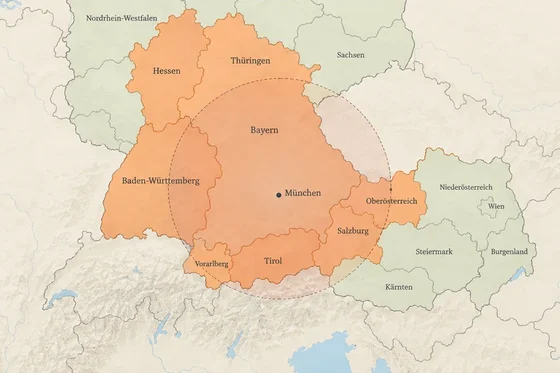 Karte des Spielgebiets: Bayern, Baden-Württemberg, Hessen, Thüringen sowie Vorarlberg, Tirol, Salzburg und Oberösterreich, dazu ein Radius um München
