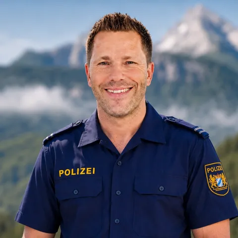 Nepo Fitz lächelnd in Polizeiuniform vor dem Watzmann