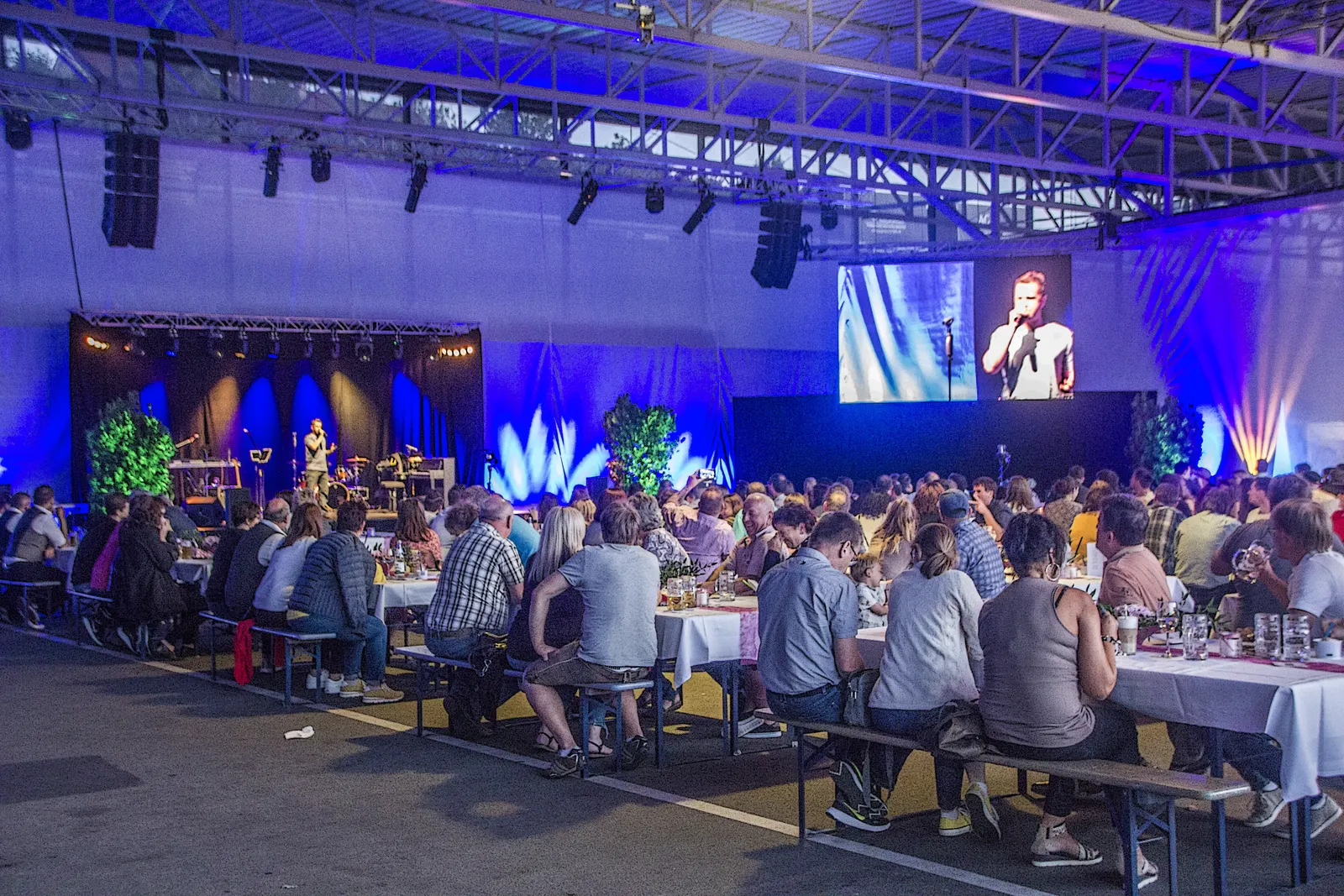 Blick über das Publikum in Roding, auf der Leinwand Nepo Fitz live